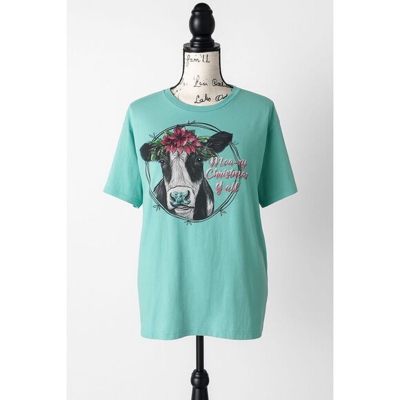 “Moo-ry Christmas Y’all” Cow Graphic Tee | Turquoise Holiday T-Shirt Women SZ L - Picture 1 of 4